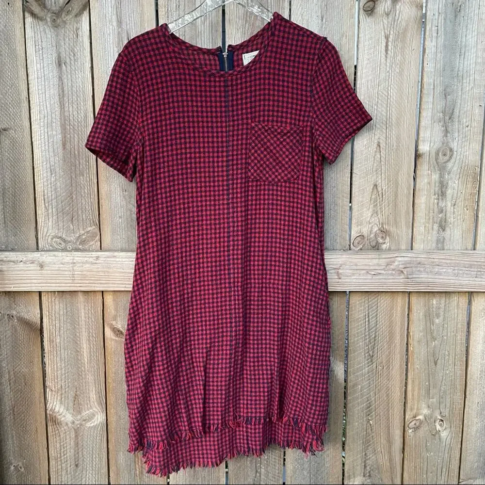 Current/Elliott Buffalo Check Mini Shift Dress Dress Fringe Hem Red Blue Size 2 - Picture 4 of 11